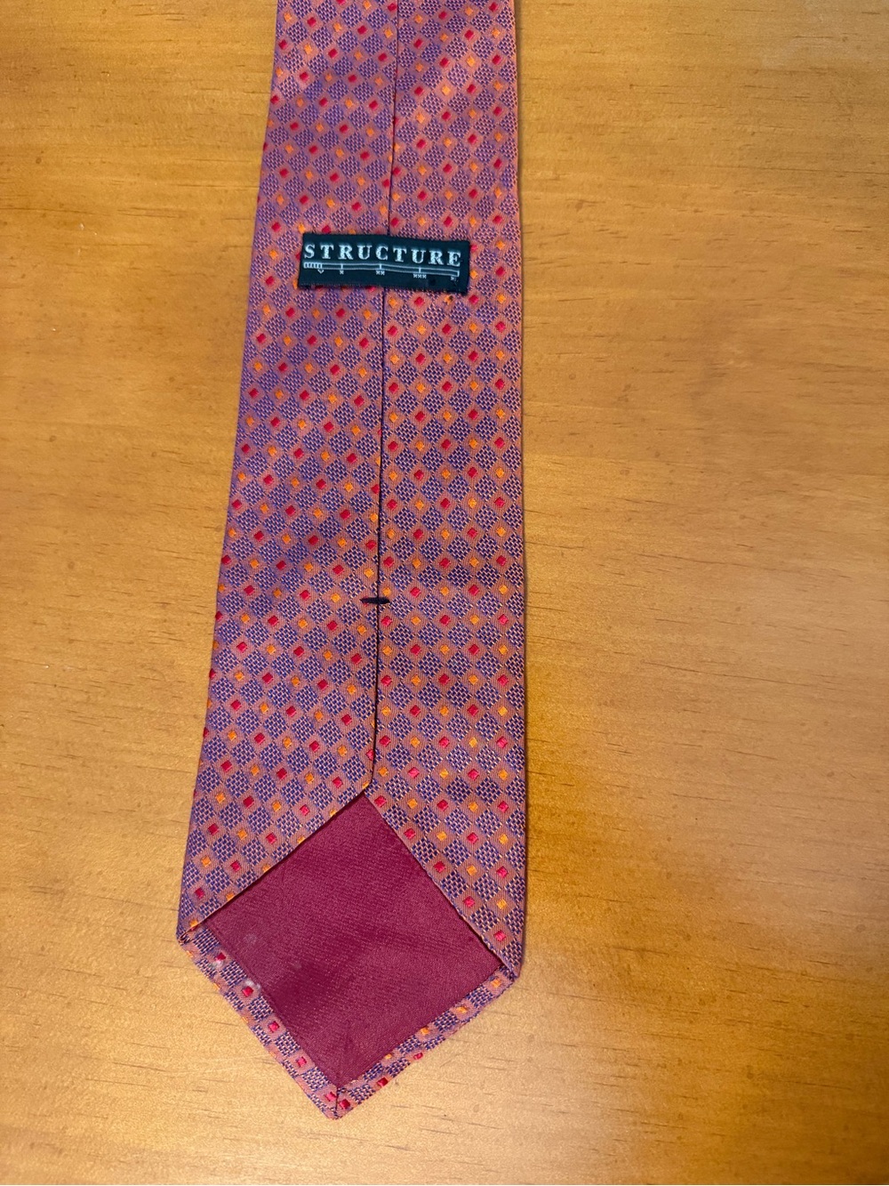 Structure Men's Red and Purple Geometric Silk Tie made in USA Vintage